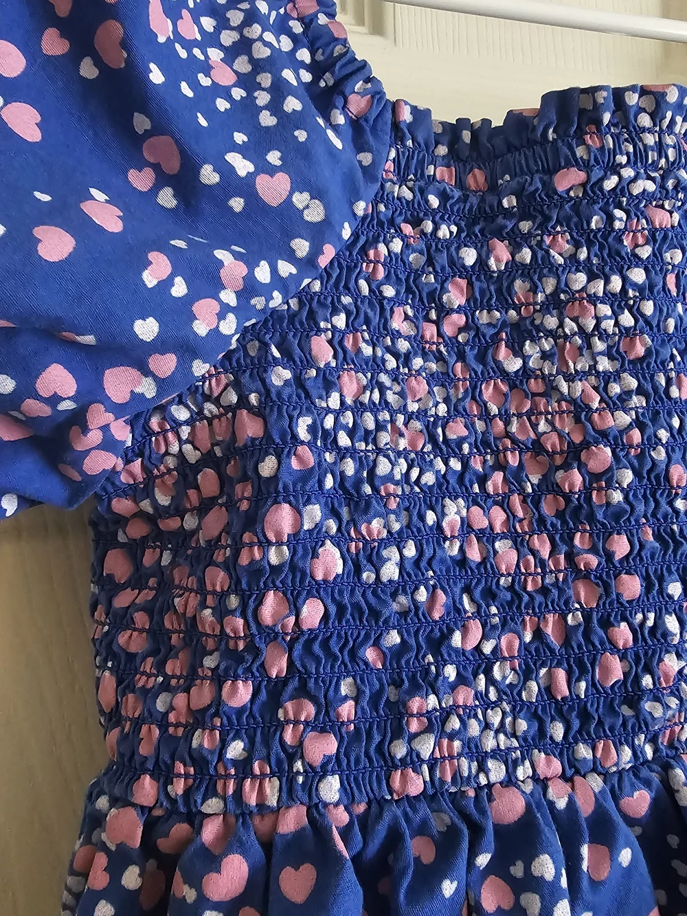 Crown & Ivy Kids Blue Smocked Puff Sleeve Heart Print Dress | Size L